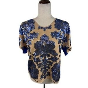 Neiman Marcus‎ Tracy Reese Beaded Sequin Top Blouse Blue Nude Tan Size Medium